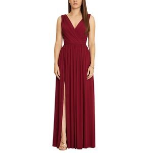 Dessy Collection Plus Size 10 Sleeveless Draped Chiffon Maxi Front Slit Red
